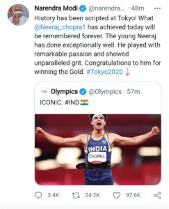 tindu_narender_modi_tweet_Neeraj Chopra Olympics 2021 